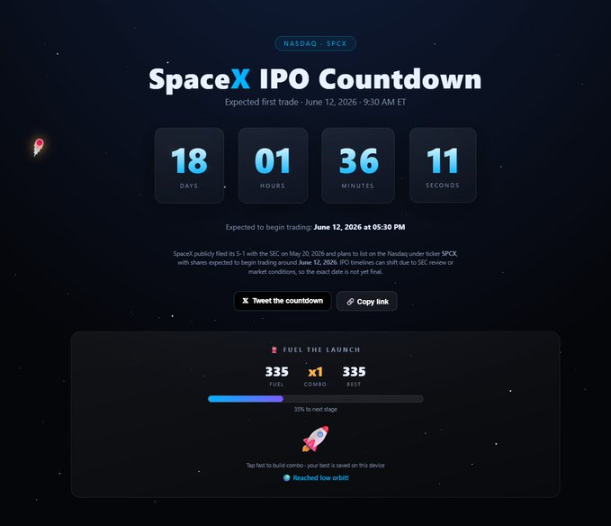 The image shows a screenshot of a website called "SpaceX IPO Countdown" with a launch date for a rocket, as well as other details about the countdown. The website displays the expected launch date for the rocket, which is on June 12th at 8:30 PM. There are also several other dates and times displayed in the image, including one that says "11 hours".