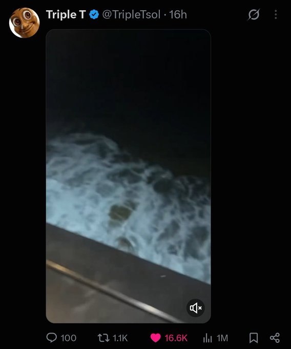 A screenshot of a tweet from verified user @TripleTsol showing a dark, nighttime video of churning, white-capped ocean waves near what appears to be a railing.