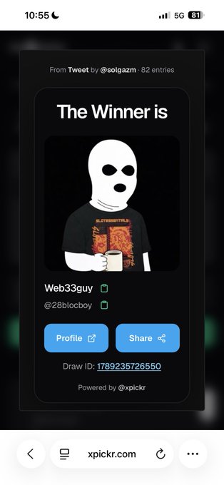 A mobile screenshot from xpickr.com shows a Twitter giveaway winner announcement by @solgzm, declaring 'Web33guy' (@28biocboy) as the winner of an 82-entry draw.