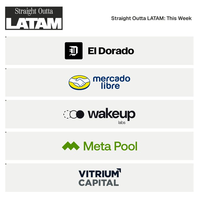 A 'Straight Outta LATAM: This Week' graphic featuring logos for El Dorado, Mercado Libre, Wakeup Labs, Meta Pool, and Vitrium Capital.