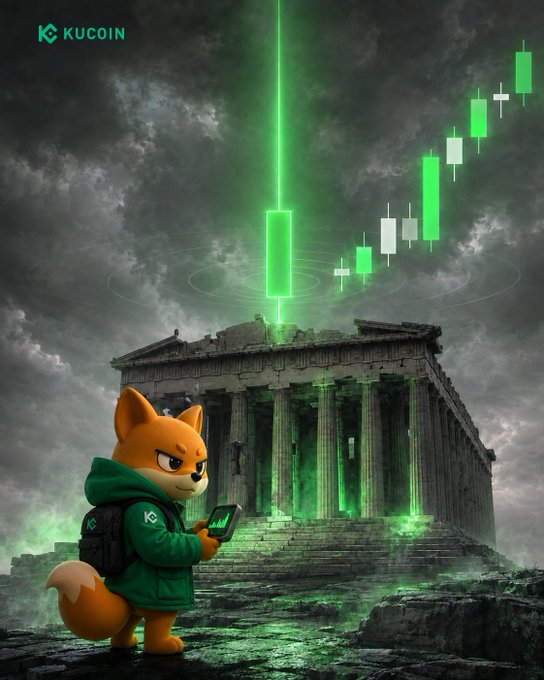 A KuCoin mascot fox in a green hoodie checks a smartphone in front of the ancient Parthenon, where a glowing green candlestick chart soars upward, symbolizing bullish crypto momentum. The "KUCOIN" logo appears in the top-left corner, tying the "Exploration mode: On, Green beacon: Activated" message to a call for traders to discover rising market opportunities.