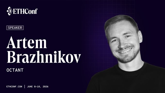 The image features a man with a beard, wearing a black shirt, smiling for the camera while standing against a purple background. The caption below him reads "Artem Brazhnikov Octant", indicating that he is speaking at an event related to Ethical Computing in NYC on June 6th and 7th.