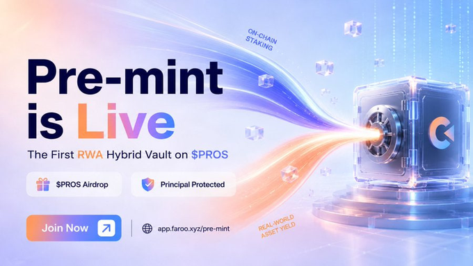 A promotional banner announcing "Pre-mint is Live" for Faroo, advertised as "The First RWA Hybrid Vault on $PROS," featuring benefits like $PROS Airdrop and Principal Protected, with a "Join Now" button linking to app.faroo.xyz/pre-mint. The image aligns with the post highlighting the early opportunity to participate in Faroo's pre-mint via Pharos Network, requiring ~$PROS in capital.