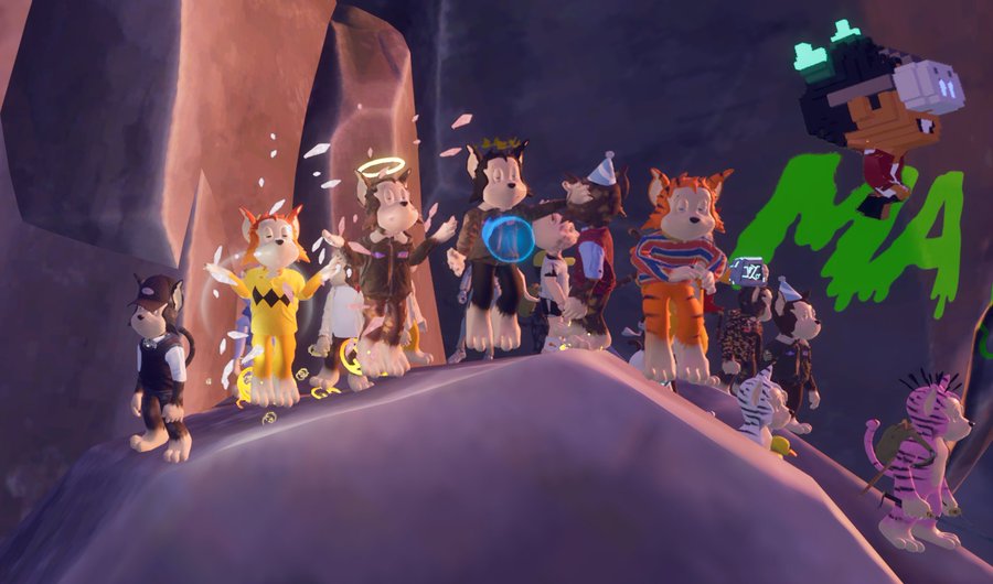 A scene from a 3D video game featuring various anthropomorphic animal characters, including cats and zebras, gathered on a rocky purple landscape with a Minecraft-style block character floating on the right.
