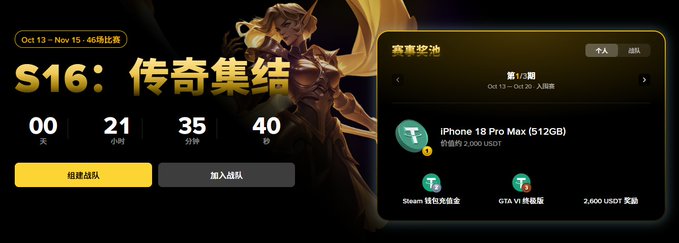 A promotional banner for "S16: 传奇集结" featuring a countdown timer and prizes including an "iPhone 18 Pro Max (512GB)", "Steam 轻松充值金", and "GTA VI 体验版".