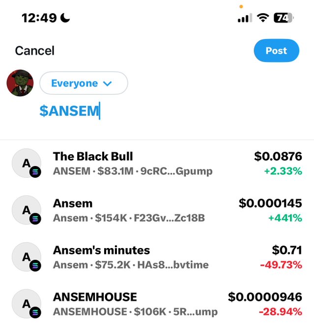 A screenshot of a Twitter/X post being drafted on mobile showing the ticker $ANSEM in the text field, with search results below displaying related coins like "The Black Bull" (ANSEM) at $0.0876 with an $83.1M market cap and +2.33% gain, "Ansem" at $0.000145 (+441%), "Ansem's minutes" at $0.71 (-49.73%), and "ANSEMHOUSE" at $0.00000946 (-28.94%)—highlighting $ANSEM's $83.1M market cap as referenced in the user's post about missing runners.