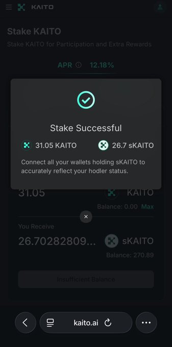 A mobile screenshot of the KAITO staking interface showing a 'Stake Successful' confirmation for 31.05 KAITO (26.7 sKAITO) at 12.18% APR, viewed on kaito.ai.
