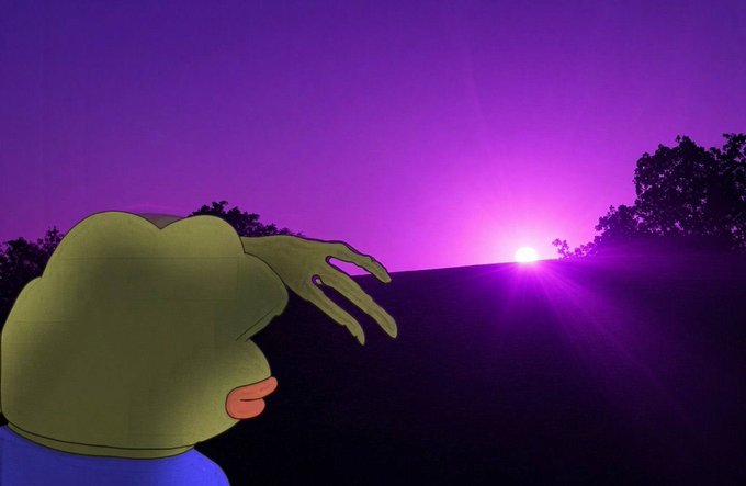 A cartoon frog character with green skin and an orange beak stands in silhouette, gazing at a vibrant purple sunset as the sun dips behind a tree-lined horizon. The "GMink" caption (a play on "GM" and "Pepe the Frog" mascot culture) accompanies the peaceful, dreamy scene, suggesting a cheerful good morning greeting from the frog meme community.