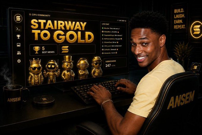 A smiling young man works at a gaming setup displaying a dashboard titled "STAIRWAY TO GOLD" with "5 BEST MEMES" and "SUBMISSIONS 247," alongside a "BUILD. LAUNCH. EARN. REPEAT." wall sign and a "CIPU COMMUNITY" interface, visually echoing the post's emphasis on a structured, long-term meme project like $GOLD rather than chasing hype.