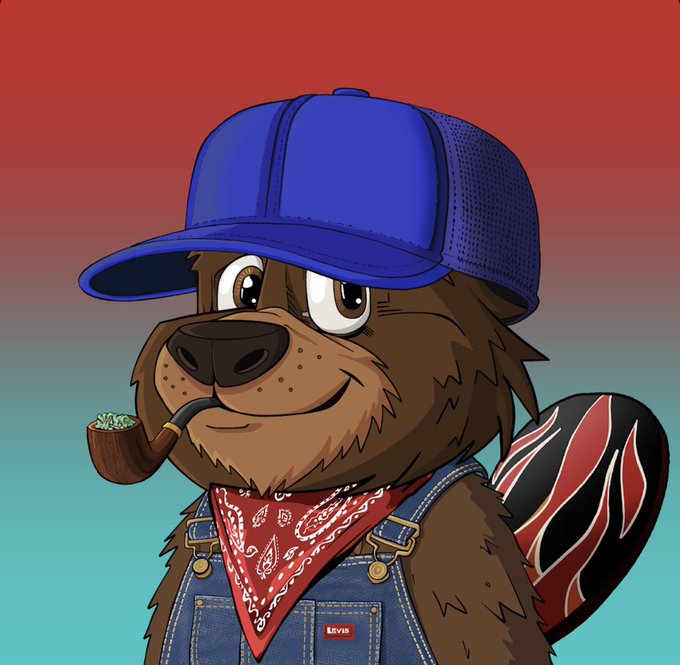 Illustration of a cartoon bear-like character wearing a blue cap and overalls, smoking a pipe, with a red bandana around its neck and a red and black striped tail.