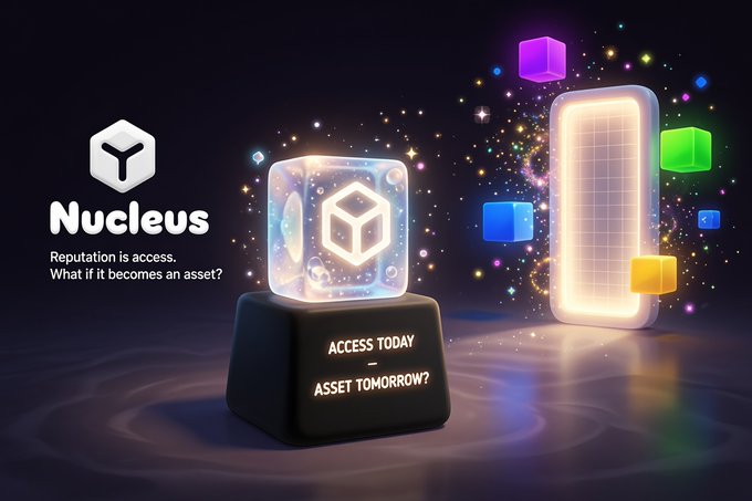 A promotional graphic for 'Nucleus' featuring a 3D cube on a black pedestal with the tagline 'Reputation is access. What if it becomes an asset?' and a digital display showing 'ACCESS TODAY — ASSET TOMORROW?' alongside a glowing smartphone and colorful cubes.