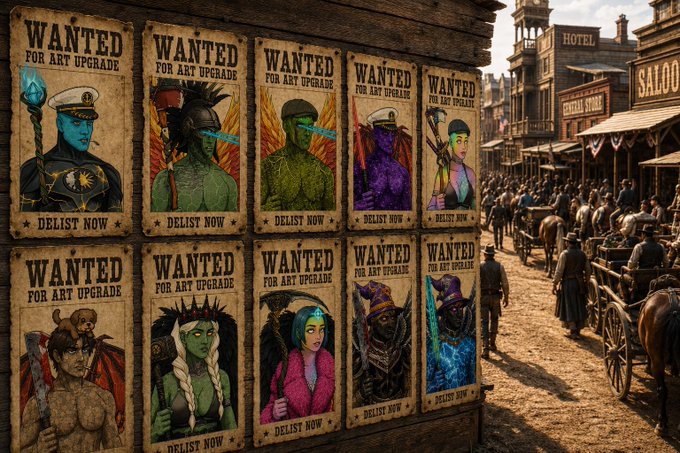 A Wild West-themed wooden wall displays a grid of "WANTED FOR ART UPGRADE" posters featuring diverse fantasy characters, each marked with "DELIST NOW" at the bottom, set against a bustling frontier town backdrop. The image visually reinforces the post's urgent call for holders of @Solgodsnfts to remove their NFTs from marketplaces to qualify for the 1-to-1 upgraded airdrop.