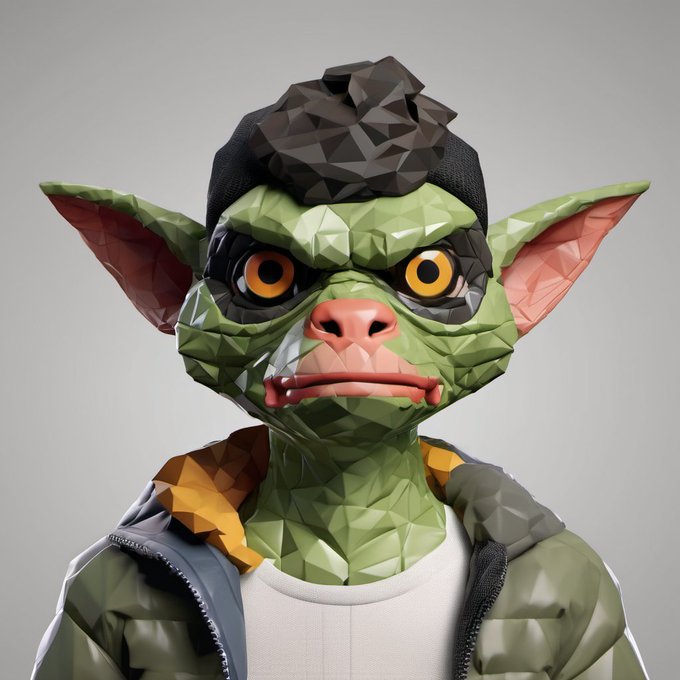 A 3D polygonal render of a goblin-like creature with green skin, large orange eyes, and dark hair, wearing a white tank top and jacket.