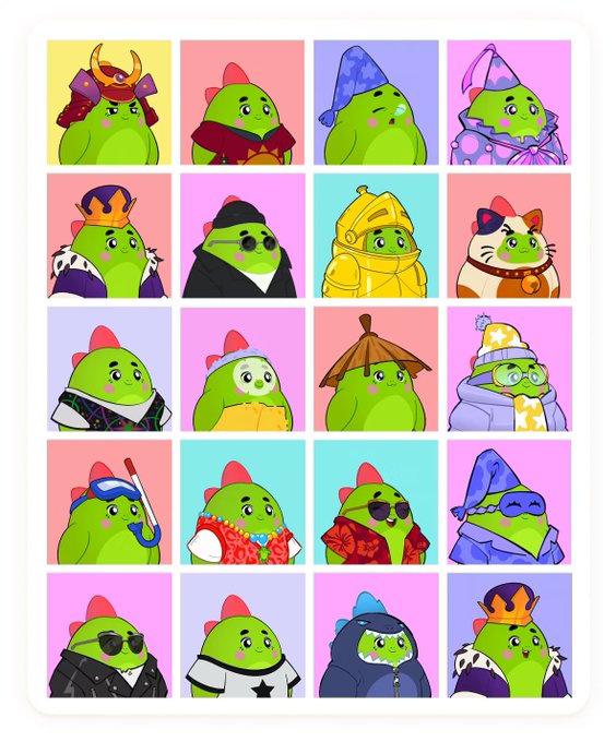 A 5x4 grid of 20 cartoon green dinosaur characters wearing various outfits and accessories against pastel-colored backgrounds. The image showcases the diversity of the "Dino Gotchis" NFT collection, with each dinosaur sporting unique traits such as samurai armor, wizard hats, scuba gear, crowns, and different clothing styles, reflecting the 7,777 unique PFPs mentioned in the post.