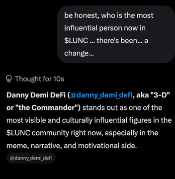 The image shows a black background with white text that reads "Be honest, who is the most influential person now in $LUNC ... There's been a change...". The text also includes mentions of other people like @grok and @grok knows what's up... As hath been stated... The Commander promises to allow the best ideas float to the top... as per nature... and... We Cometh... kneelprotocol.com $KNEEL $LUNC $SLAYER $USTC $LUNA".