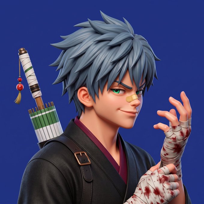 A 3D-rendered anime-style samurai character with spiky blue-gray hair, green eyes, a bandage on his nose, and bloodied bandaged fists, carrying a quiver of arrows on his back against a solid blue background. The stylized warrior artwork complements the NFT post's promotion of a limited 10,000-supply collection priced at 0.5$ on the ETH chain, credited to @noctixnft.