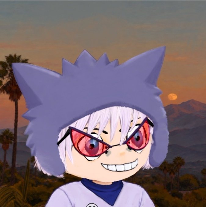 An animated chibi-style character with spiky purple/blue hair, red-tinted sunglasses, white hair, and a wide grin, set against a desert sunset landscape with palm trees.