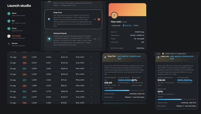 A dark-themed "Launch studio" dashboard for the Ember token ($EMBER) displays various token pools with ROI figures, a "Your coin" panel showing a Deep Pool with $4,000 mc, $35.16 graduation at, and Supply of 1B, alongside pool cards for "Deep Pool" and "Diamond Hands" highlighting features like 70% of creator-side funds returning as permanent liquidity and a 3x fee penalty for early sells. The image illustrates the post's message about Ember's self-funding liquidity model, visually confirming key metrics like the 90% creator rebate and 100% fee-funded liquidity pools through its staking interface.