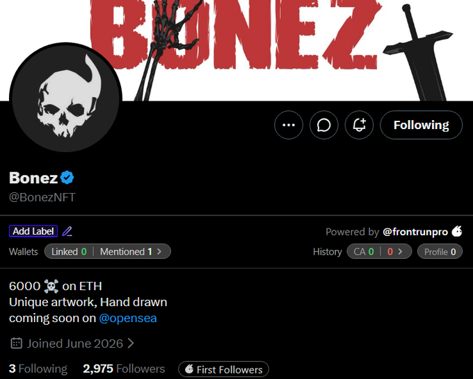 A Twitter profile page for 'Bonez' (@BonezNFT), featuring a skull logo, banner text 'BONEZ', and a bio mentioning 6000 skull artwork on ETH with an OpenSea launch coming soon.