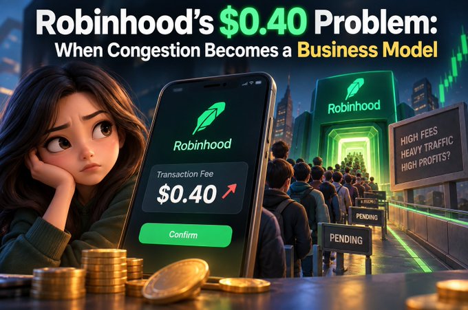 A stylized graphic titled "Robinhood's $0.40 Problem: When Congestion Becomes a Business Model," showing an illustrated woman looking at a phone displaying a $0.40 transaction fee, with crowds and signs reading "HIGH FEES," "HEAVY TRAFFIC," and "HIGH PROFITS?" in the background.