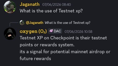 Discord chat screenshot where user Jaganath asks 'What is the use of Testnet xp?' and user 'oxygen (O₂)' responds that Testnet XP on Checkpoint is their testnet points or rewards system, potentially indicating a future mainnet airdrop or rewards.