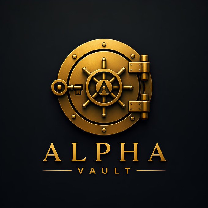 A logo featuring a gold vault door/ship's wheel with a keyhole in the center, above the text 'ALPHA VAULT' on a dark background.