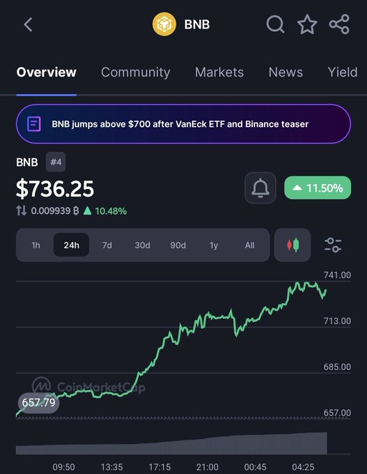 This is a screenshot of an Instagram account where an overlay shows a price chart for Bitcoin, with Bitcoin at $0.81 and BNB at $73. The BNB chart has a steep upward curve, indicating that BNB has outperformed Bitcoin in this particular timeframe. The overlay also provides details about a product called "BNB is up 12% in the last 24 hours". The image also contains text related to social media, such as posts by people, and it mentions Bitcoin trading, possibly discussing the recent price movements of these cryptocurrencies.