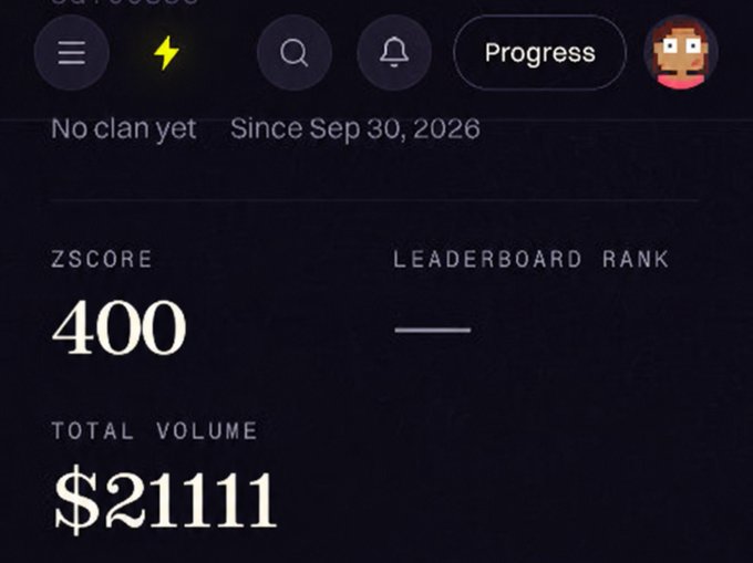Screenshot of a trading dashboard showing a ZSCORE of 400, total volume of $21,111, with "No clan yet" and "Since Sep 30, 2026" displayed.