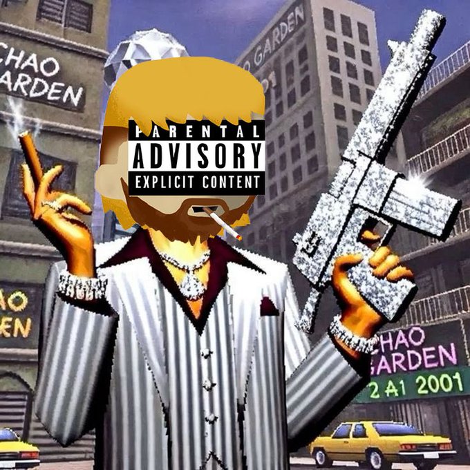An edited GTA-style video game character in a white pinstripe suit holding a diamond-encrusted assault rifle, with a 'Parental Advisory Explicit Content' label covering the face.