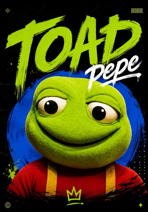 A stylized poster features Pepe the Frog reimagined with a green toad-like face wearing a red shirt, set against a bold blue brushstroke background. The image prominently displays the text "TOAD Pepe" in vibrant green and white brushstroke lettering, with a small crown logo at the bottom, visually branding the "$TOAD" token mentioned in the accompanying post about early operator positioning and market setup.