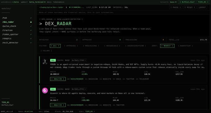 This screenshot is of a computer screen displaying an email notification for a website named "DEX-RADAR". The email appears to be automated and includes a claim that the website can provide detailed information about "Wake Base Intelligence Terminal - Up & Running". Additionally, there are a number of links attached to this email that may be useful or relevant to the topic being discussed. The main image on the screen also seems to discuss improvements made to the wake server's interface and some key bugs that have been fixed.