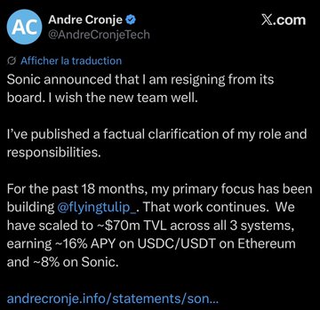 The image features a black background with white text, which appears to be a message posted by Andre Cronje on Twitter. The message includes details about a project that Andre has been working on for 18 months, stating that he has spent $FT building a product and wants to make loyalists rich from it. The post also mentions the presence of Sonic co-founder @crypto_banter in the image.