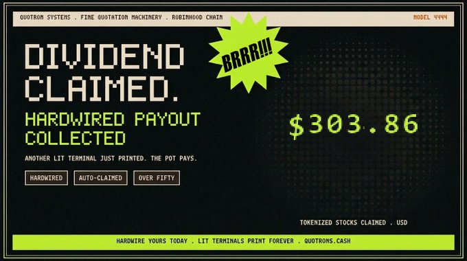 A pixel-art style digital receipt or terminal printout titled 'DIVIDEND CLAIMED' for 'HARDWIRED PAYOUT COLLECTED,' displaying an amount of $303.86 for tokenized stocks claimed in USD.