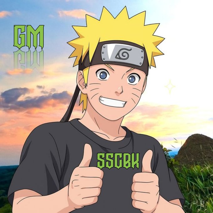Anime illustration of Naruto Uzumaki giving two thumbs up, wearing a black t-shirt with 'SSCOH' text, set against a sunset background with 'GM' text in the upper left.