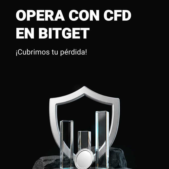 An advertisement in Spanish reading 'OPERA CON CFD EN BITGET ¡Cubrimos tu pérdida!' featuring a 3D rendered shield and protective barriers.