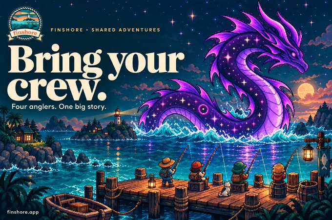 A vibrant pixel art illustration for 'Finshore - Shared Adventures' shows four pixelated anglers and a cat fishing from a dock at night, facing a massive purple cosmic sea serpent emerging from the ocean, with the tagline 'Bring your crew. Four anglers. One big story.'