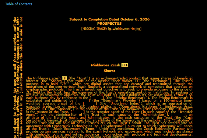 A prospectus page for the Winklevoss Zcash Trust ETF (ZEC) filing, showing "Subject to Completion Dated October 6, 2026" as the header, with the missing logo for "lg_winklevoss-4c.jpg" noted on the document. The filing confirms the Winklevoss twins' new Zcash ETF filing as mentioned in the post, marking their return to the ETF space after their earlier Bitcoin ETF attempt in 2013.