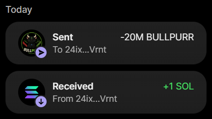 A wallet transaction history showing 20M BULLPURR tokens sent to address 24ix...Vrnt and 1 SOL received in return, confirming the successful 1 SOL = 20,000,000 $BULLPURR purchase.