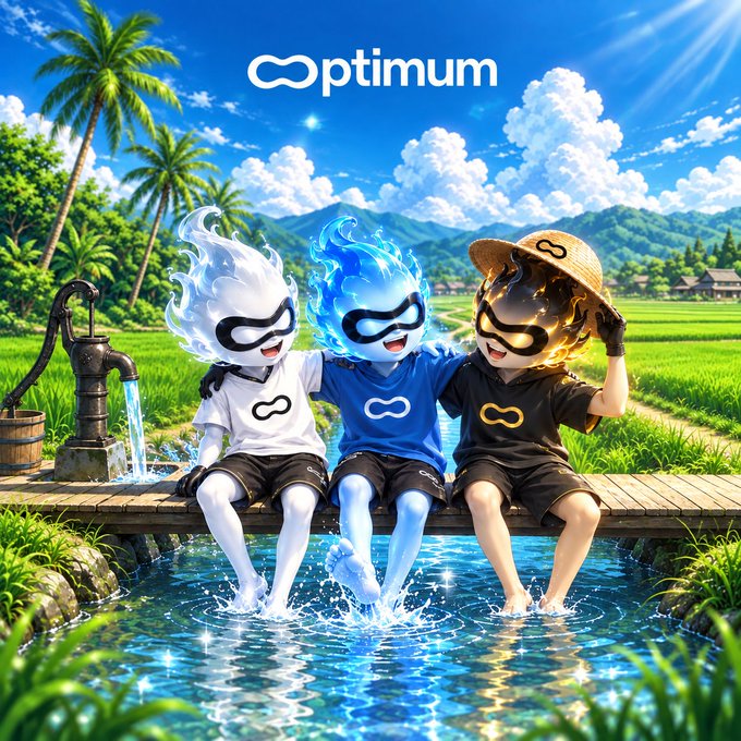 Three stylized mascot characters with flame-like hair in white, blue, and black outfits sit on a wooden platform with their feet in water, with the brand name 'Optimum' displayed at the top.