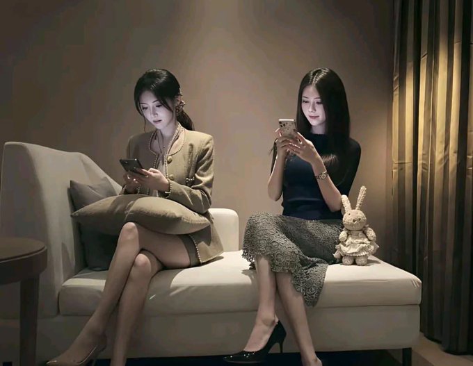 Two women sit on a white couch in a dimly lit room, both looking down at their smartphones, with a stuffed rabbit toy beside them.