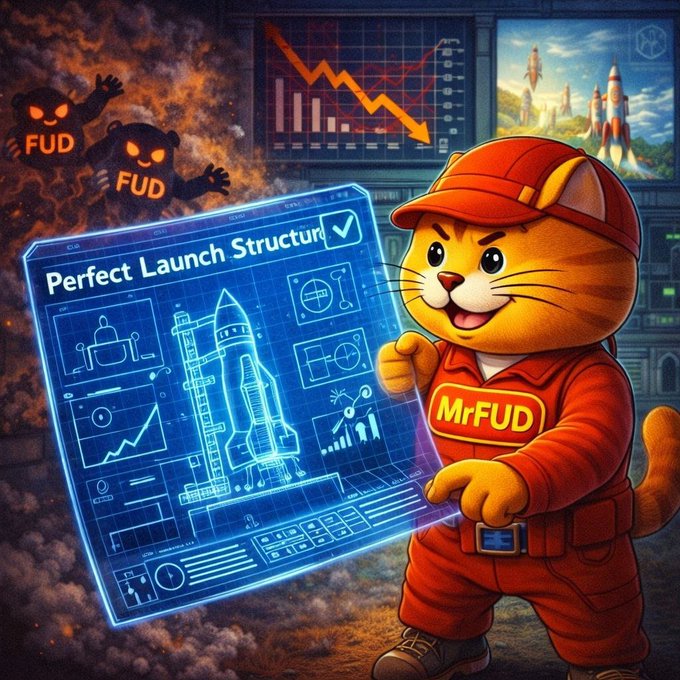 A cartoon orange cat mascot in a red jumpsuit labeled "MrFUD" proudly presents a glowing blueprint titled "Perfect Launch Structure," while shadowy "FUD" figures loom behind descending market charts and launching rockets. The image visualizes MrFud.fun's mission to defeat market fear and build the next wave of meme coin launches.
