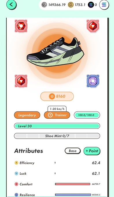 The image shows an app screen with a shoe displayed at the top of the page. The app has a rating system for shoes, which includes attributes such as efficiency, comfort, and ease of use. There are also icons representing different types of shoes on the screen.