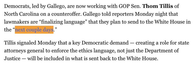A news article excerpt states Democrats led by Gallego are working with GOP Sen. Thom Tillis of North Carolina on a counteroffer to send to the White House 'in the next couple days,' with Tillis signaling inclusion of a role for state attorneys general to enforce ethics language.