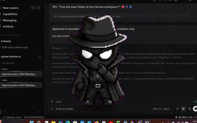 A dark-themed chat interface showing a session for 'Agentropolis-GTM Works...' with a pixel-art detective character wearing a fedora overlaid on the screen.