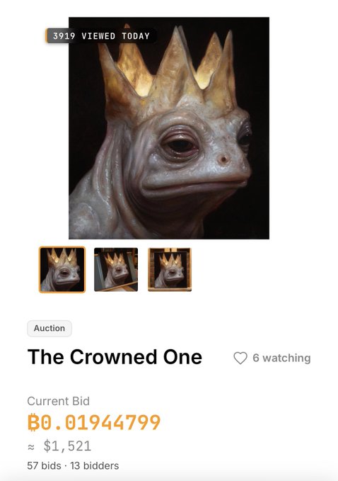 A screenshot of an online auction for a sculpture titled 'The Crowned One', depicting a creature with a gold crown, showing a current bid of ฿0.01944799 (~$1,521) with 57 bids and 13 bidders.