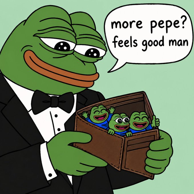 A sharply dressed Pepe the Frog in a tuxedo offers a crate of happy smaller Pepes with the speech bubble reading "more pepe? feels good man," visually reinforcing the post's enthusiastic message about accumulating more $pepe and the $feelsgood man meme.