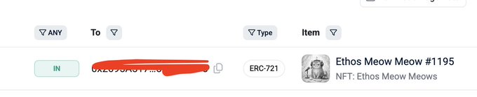 The image shows an OpenSea search filter with an "IN" toggle highlighted next to a partially redacted wallet address (0x209...49), displaying a single NFT result: "Ethos Meow Meow #1195" from the "Ethos Meow Meows" ERC-721 collection. This relates to the post by confirming the user received their Ethos Network Season 2 Meow NFT via airdrop, visible on OpenSea but filtered to their specific wallet address.