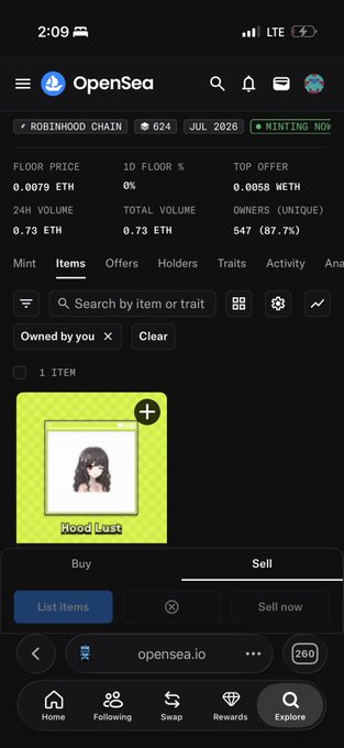 A screenshot of the OpenSea app showing a "Hood lust" NFT from the ROBINHOOD CHAIN collection, with a floor price of 0.0079 ETH and 24H volume of 0.73 ETH. The image illustrates the NFT that was recently minted for free but has since gained a market value of approximately $15.