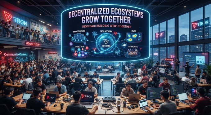 A large conference or hackathon event with 'DECENTRALIZED ECOSYSTEMS GROW TOGETHER' and 'TRON DAO: BUILDING WEB3 TOGETHER' displayed on a giant screen, showing attendees working on laptops with TRON branding throughout the venue.