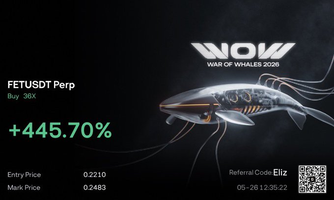 The image features a poster for a cryptocurrency called "FetusDT Perp", which is an investment opportunity. The poster includes a picture of a silver, metallic whale-like creature with multiple arms, symbolizing the futuristic nature of the coin. The text on the poster states that the coin has been bought at $45.70 per share and offers a buy price of $38.86. Additionally, there is a code for an exclusive offer: "REFERRAL CODES".